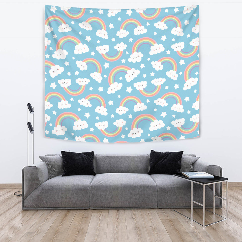 Cute Rainbow Clound Star Pattern Blue Background Wall Tapestry