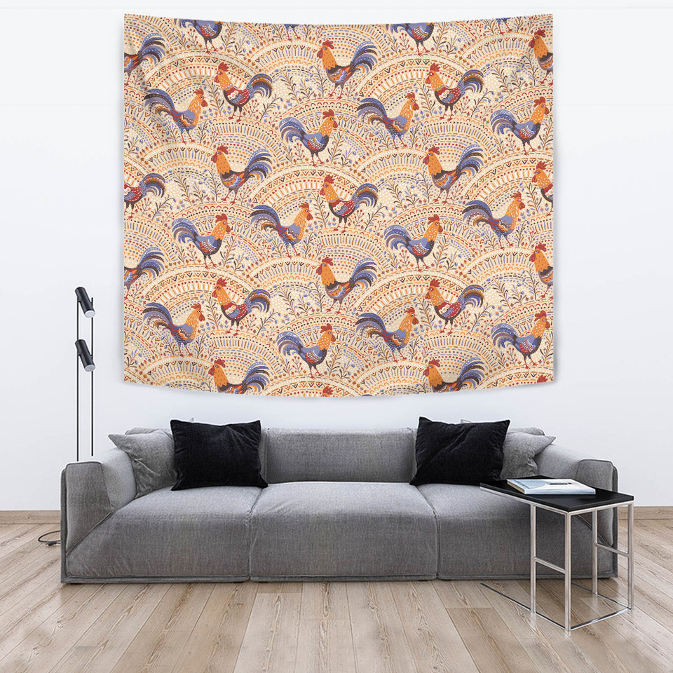 Cute Rooster Chicken Cock Floral Ornament Background Wall Tapestry