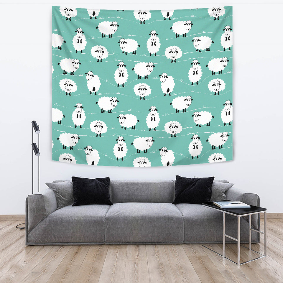 Cute Sheep Green Background Wall Tapestry