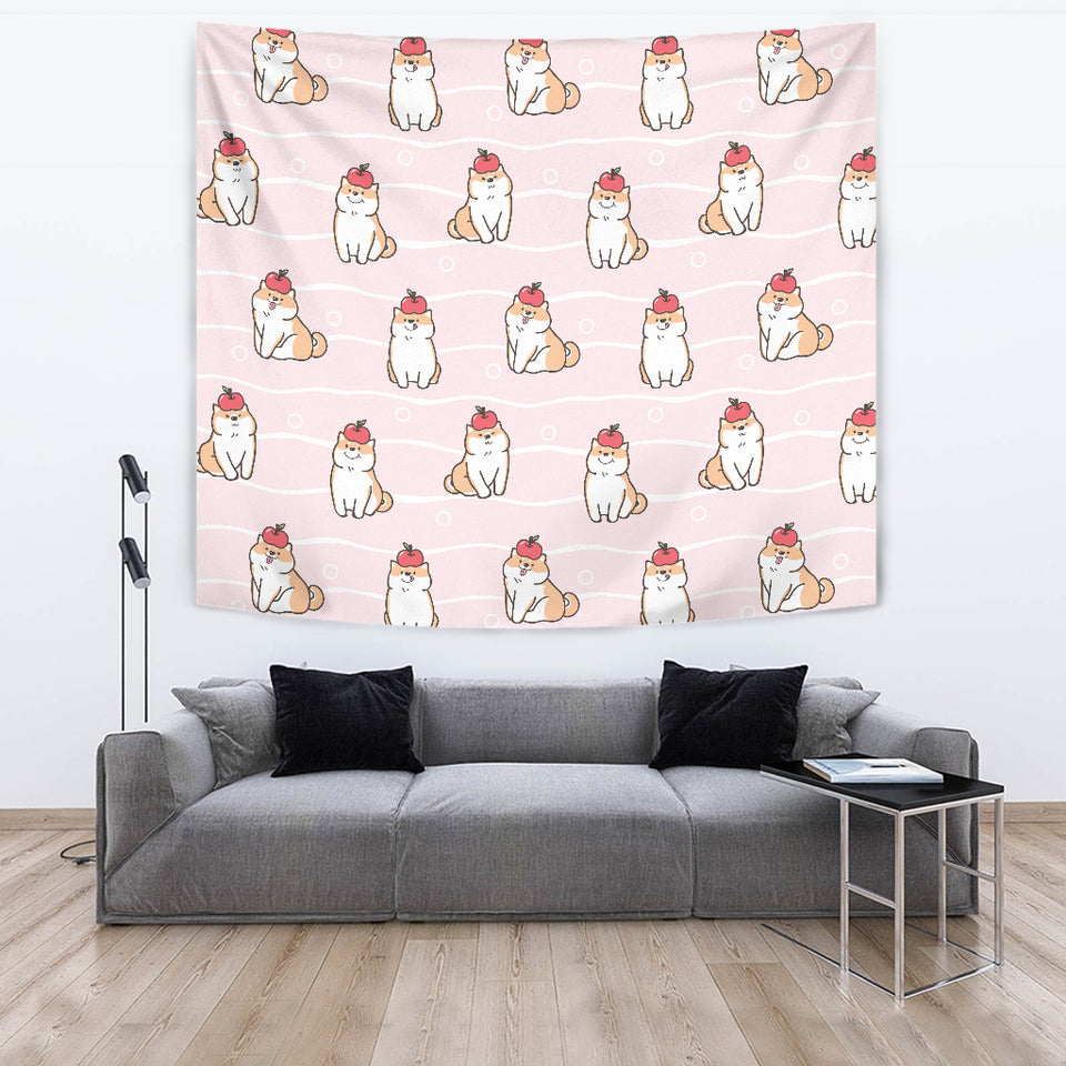 Cute Shiba Inu Dog Apple Pattern Wall Tapestry