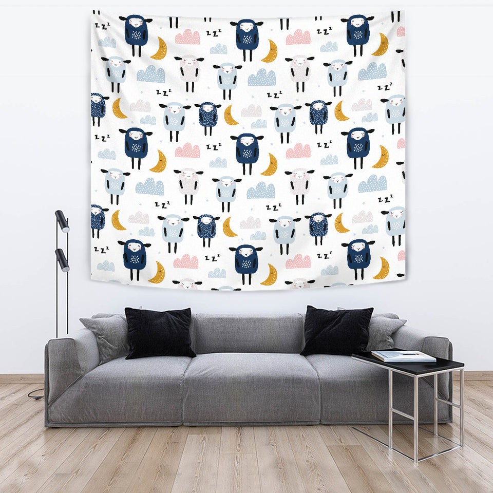 Cute Sleeping Sheep Moon Cloud Pattern Wall Tapestry
