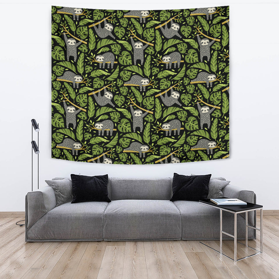 Cute Sloths Tropical Palm Leaves Black Background Wall Tapestry