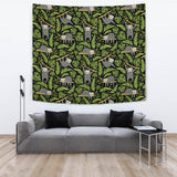 Cute Sloths Tropical Palm Leaves Black Background Wall Tapestry