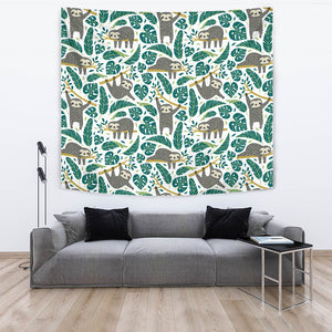 Cute Sloths Tropical Palm Leaves White Background Wall Tapestry
