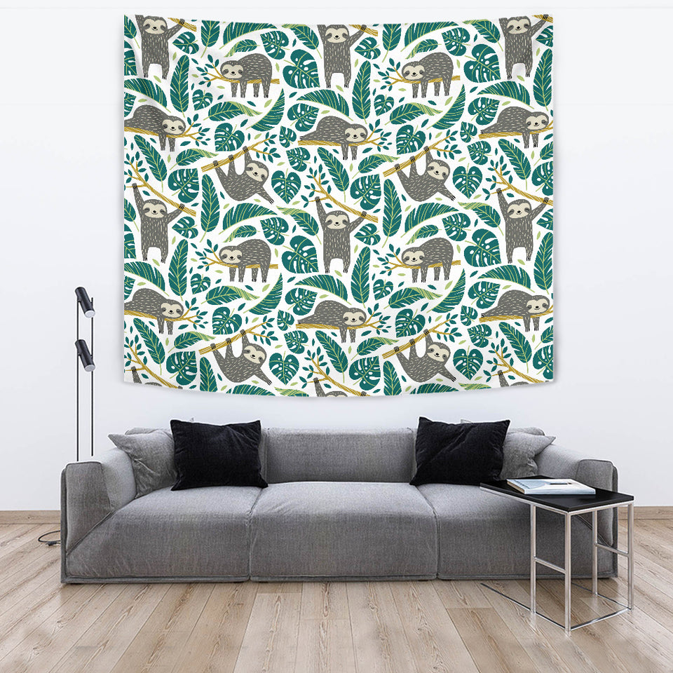 Cute Sloths Tropical Palm Leaves White Background Wall Tapestry
