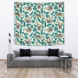 Cute Sloths Tropical Palm Leaves White Background Wall Tapestry