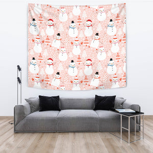 Cute Snowman Christmas Tree Snowpink Background Wall Tapestry