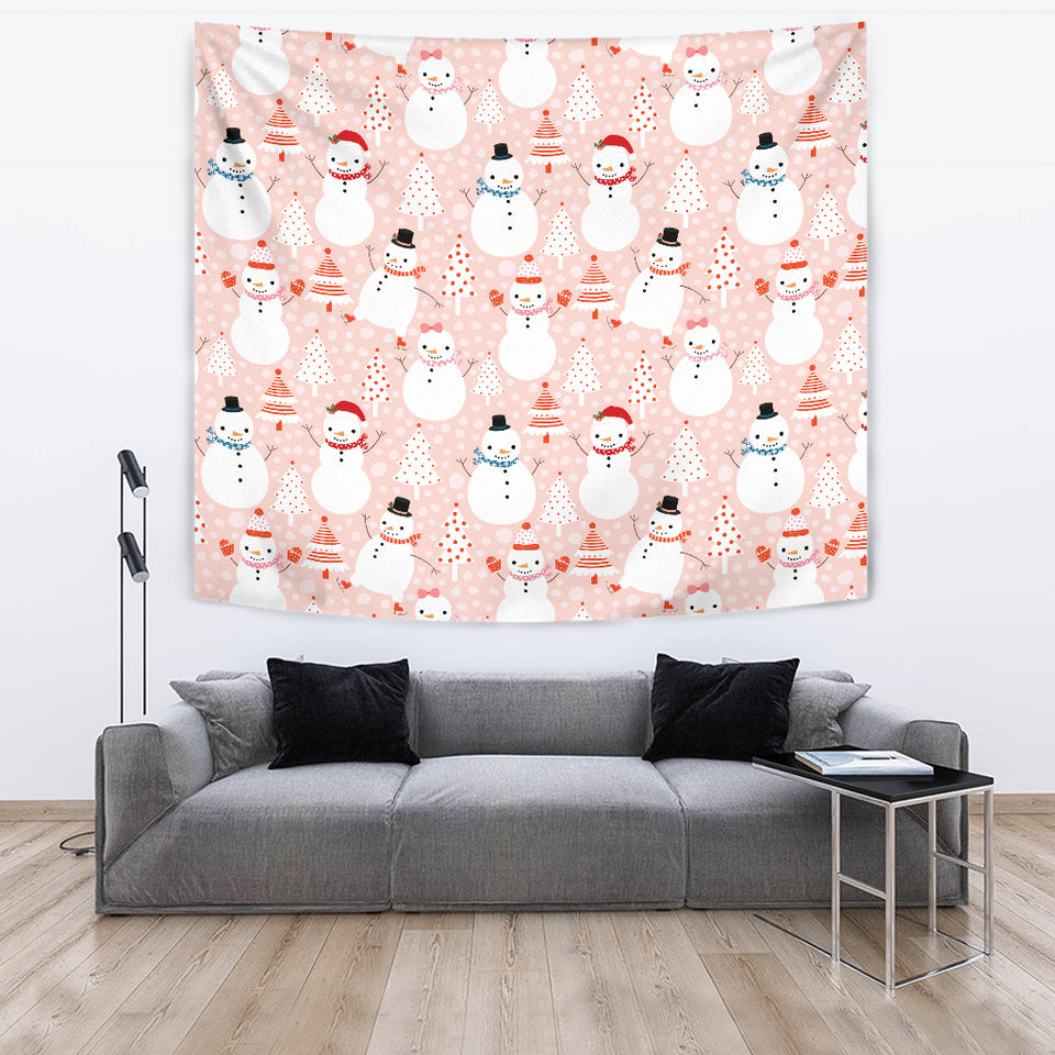 Cute Snowman Christmas Tree Snowpink Background Wall Tapestry