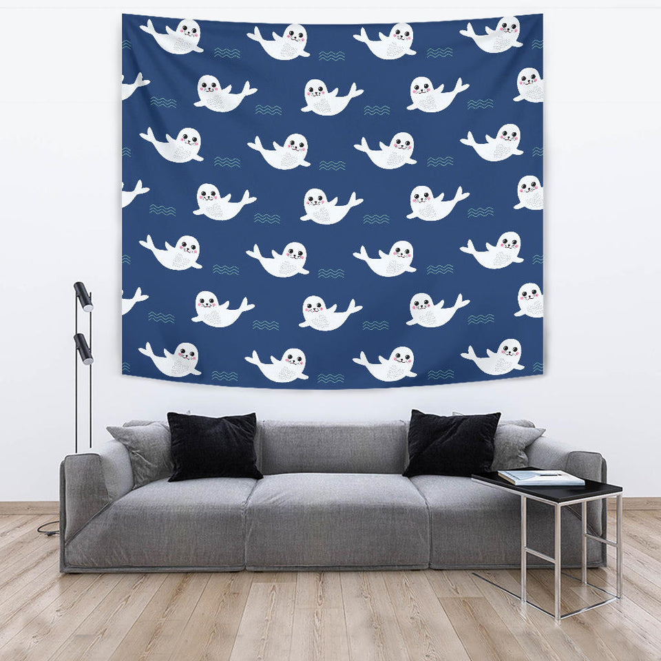 Cute White Baby Sea Lion Seal Pattern Wall Tapestry