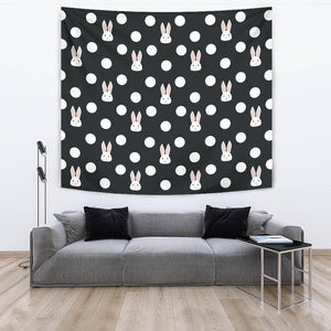 Cute White Rabbit Polka Dots Black Background Wall Tapestry