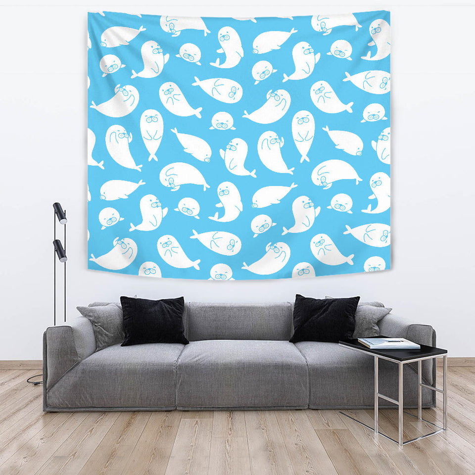 Cute White Sea Lion Seals Pattern Wall Tapestry