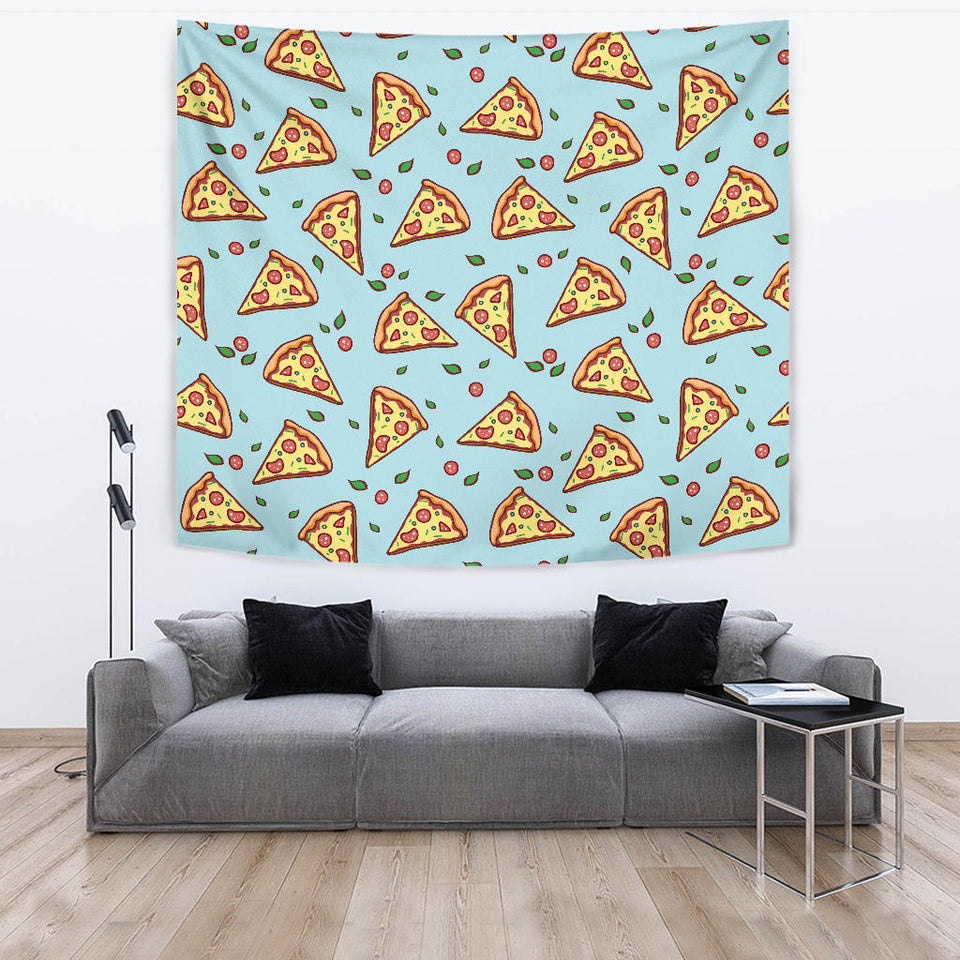 Hand Drawn Pizza Blue Background Wall Tapestry