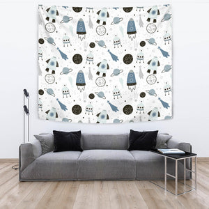 Hand Drawn Space Elements Space Rocket Star Planet Space Probe Wall Tapestry