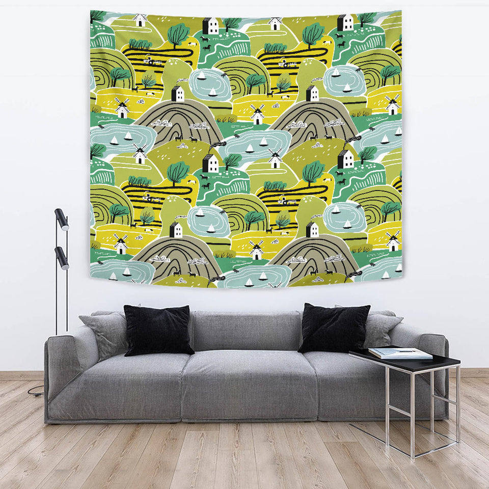 Hand Drawn Windmill Pattern Wall Tapestry