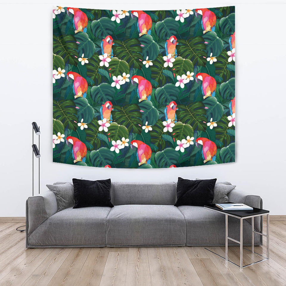 Parrot Palm Tree Leaves Flower Hibiscus Pattern Wall Tapestry