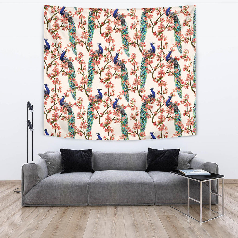 Peacock Tropical Flower Pattern Wall Tapestry