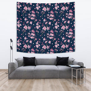 Pink Sakura Cherry Blossom Blue Background Wall Tapestry
