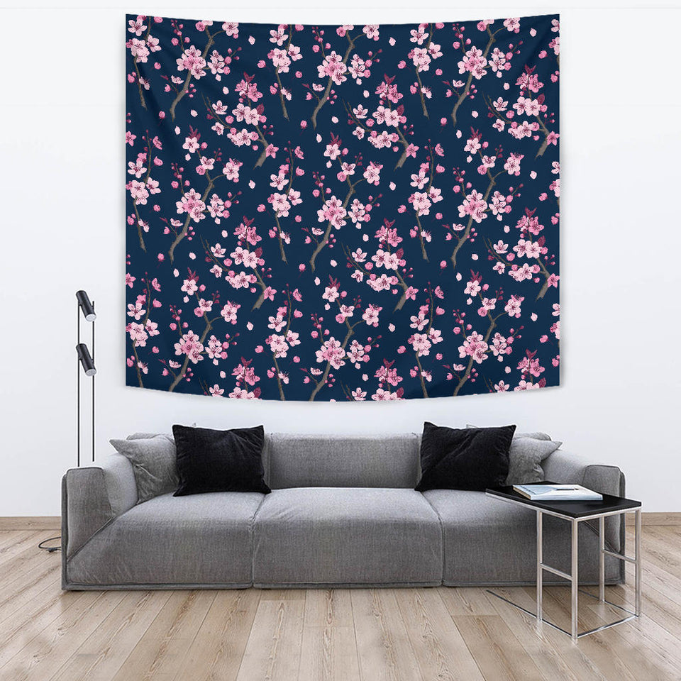 Pink Sakura Cherry Blossom Blue Background Wall Tapestry