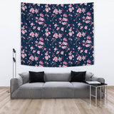 Pink Sakura Cherry Blossom Blue Background Wall Tapestry