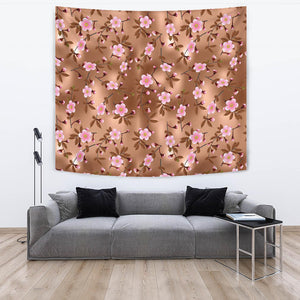 Pink Sakura Cherry Blossom Drak Brown Background Wall Tapestry