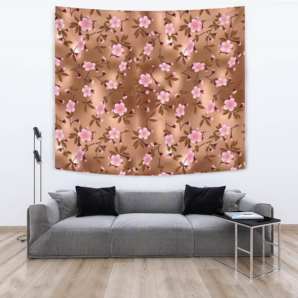 Pink Sakura Cherry Blossom Drak Brown Background Wall Tapestry