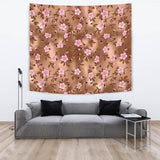 Pink Sakura Cherry Blossom Drak Brown Background Wall Tapestry