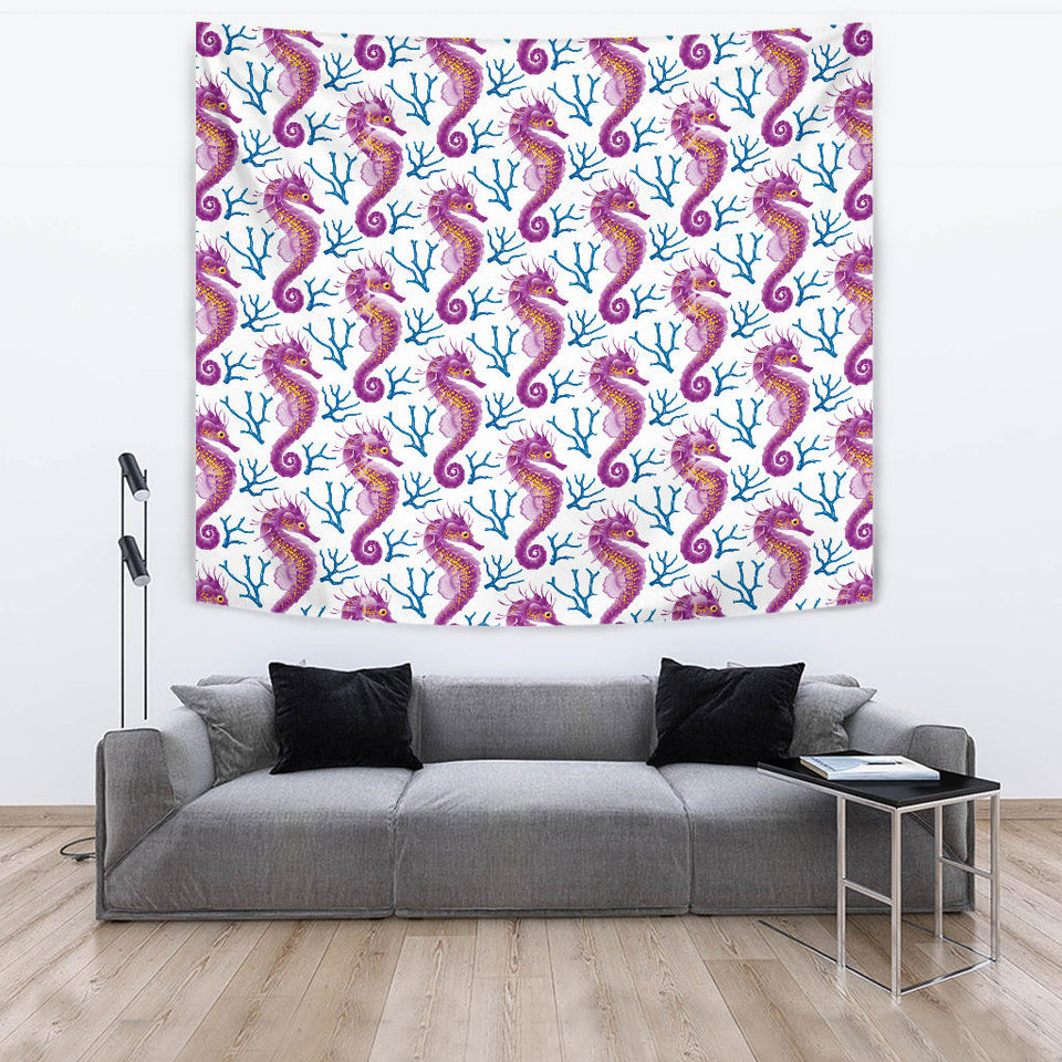 Purple Seahorse Blue Coral Pattern Wall Tapestry