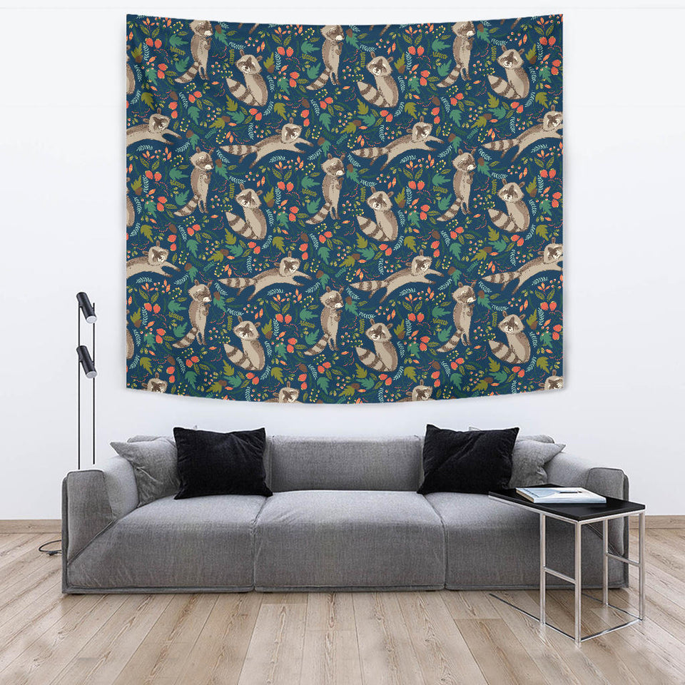 Raccoon Tropical Leaves Pattern Wall Tapestry