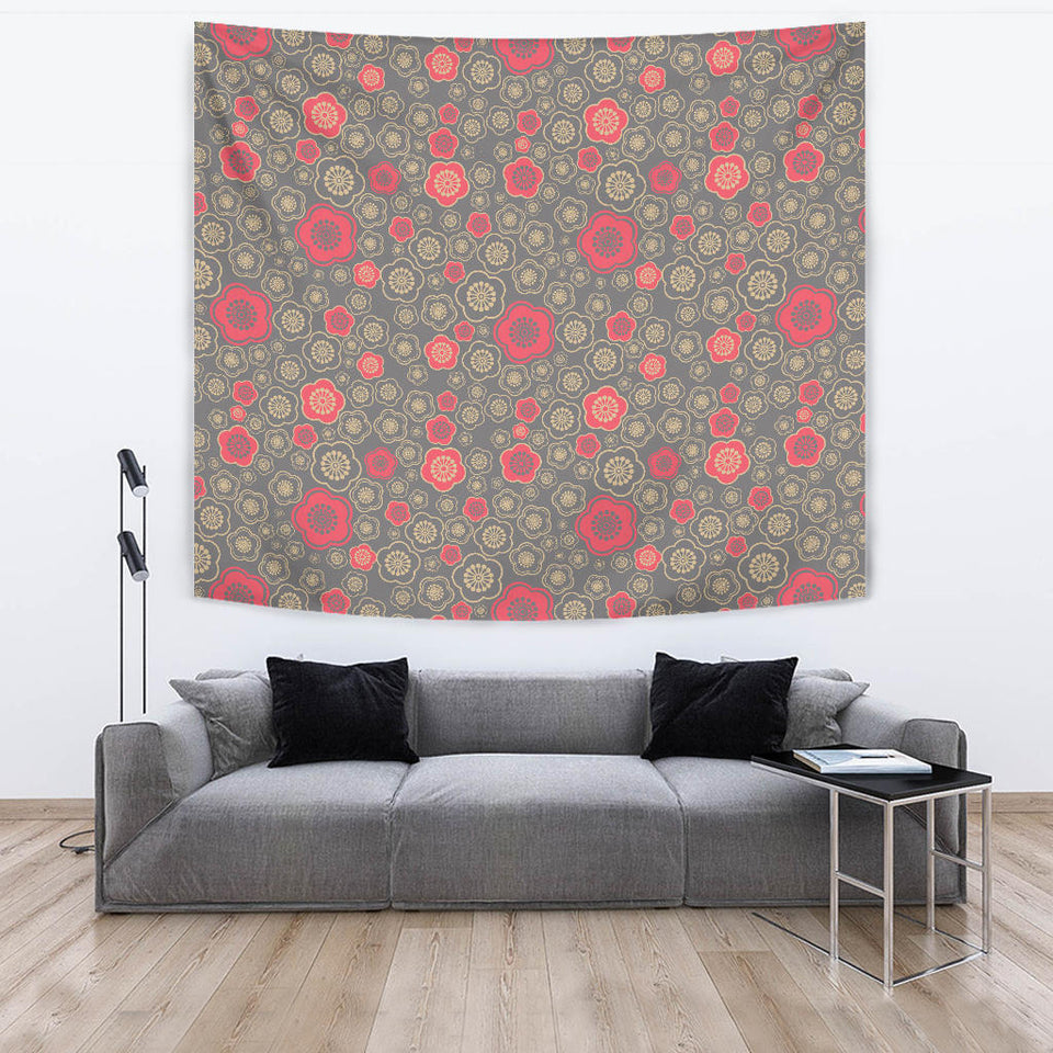 Red Gold Sakura Cherry Blossom Gray Background Wall Tapestry