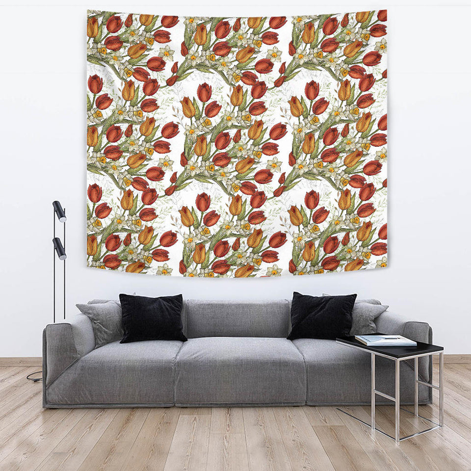 Red Tulips And Daffodils Pattern Wall Tapestry