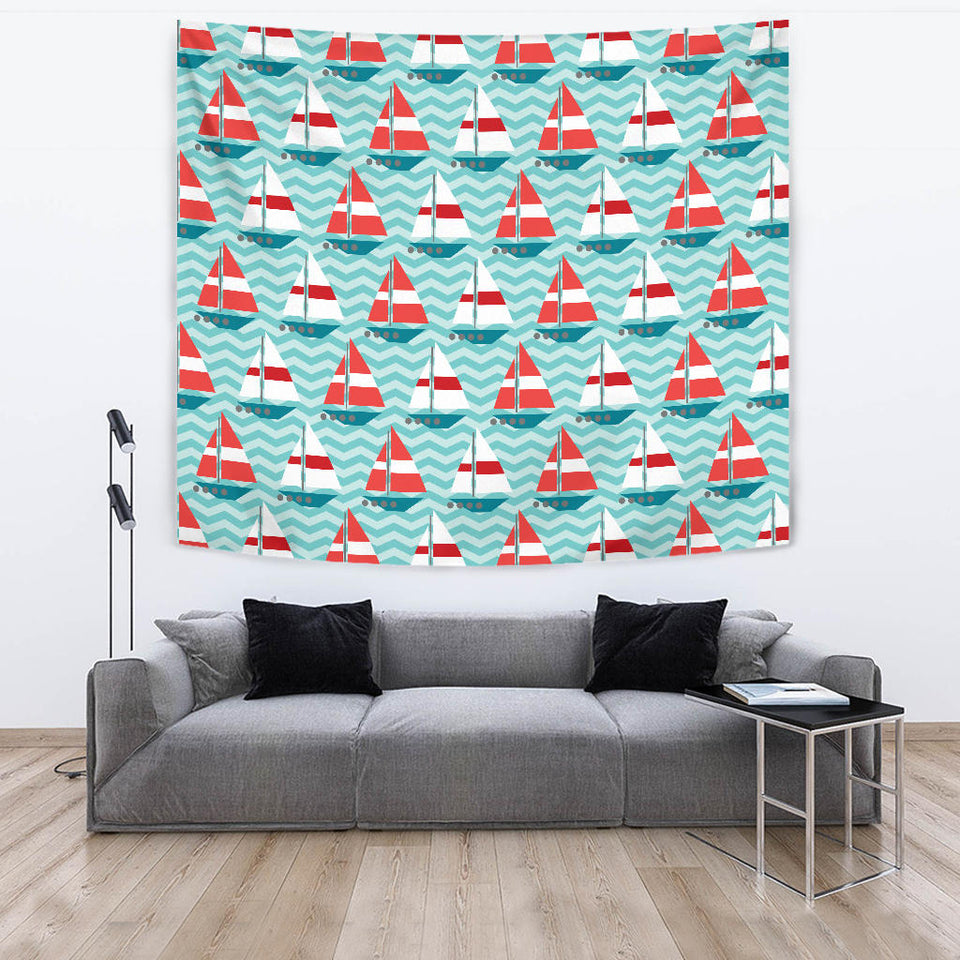 Red White Sailboat Wave Background Wall Tapestry