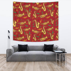 Saxophone Cornet Pattern Red Background Wall Tapestry
