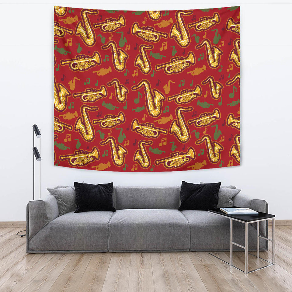 Saxophone Cornet Pattern Red Background Wall Tapestry