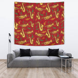 Saxophone Cornet Pattern Red Background Wall Tapestry