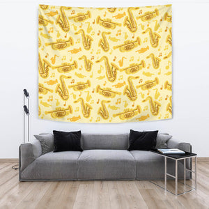 Saxophone Cornet Pattern Yellow Background Wall Tapestry