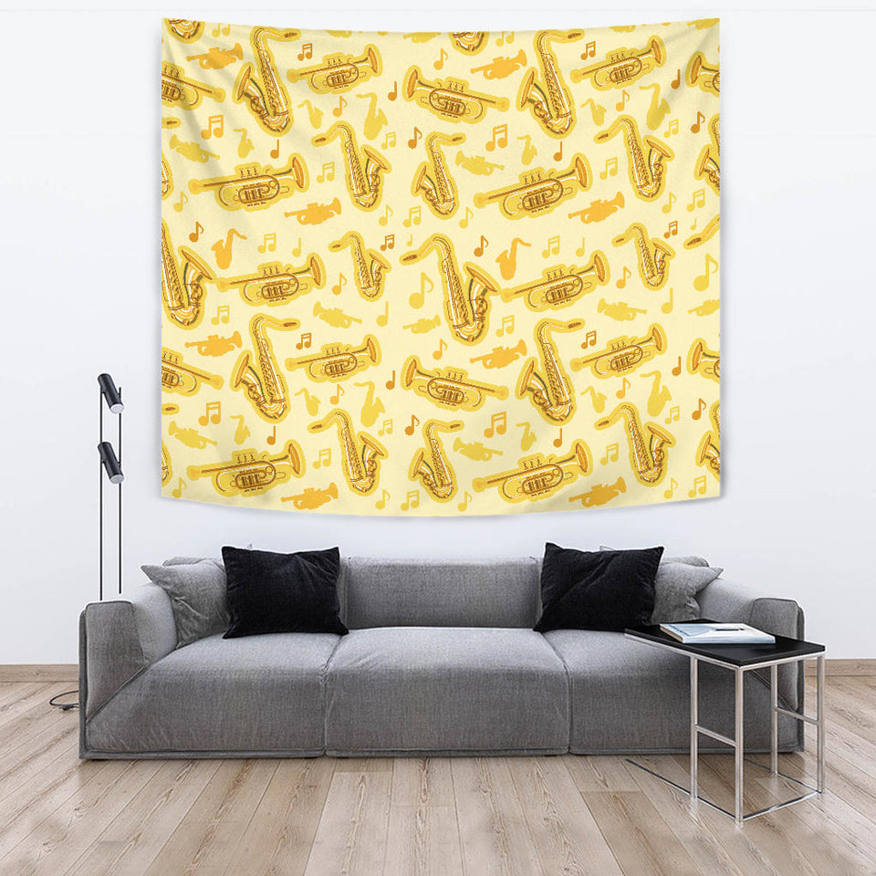 Saxophone Cornet Pattern Yellow Background Wall Tapestry