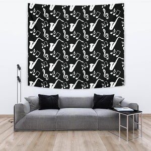 Saxophone Music Notes Treble Clef Black White Theme Wall Tapestry