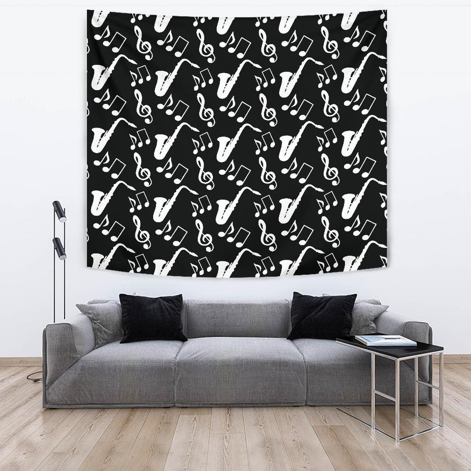 Saxophone Music Notes Treble Clef Black White Theme Wall Tapestry