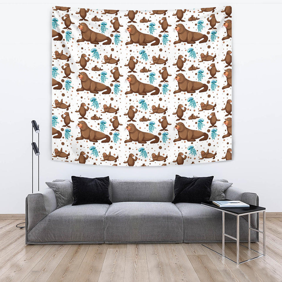 Sea Lion Seals Jellyfish Pattern Wall Tapestry