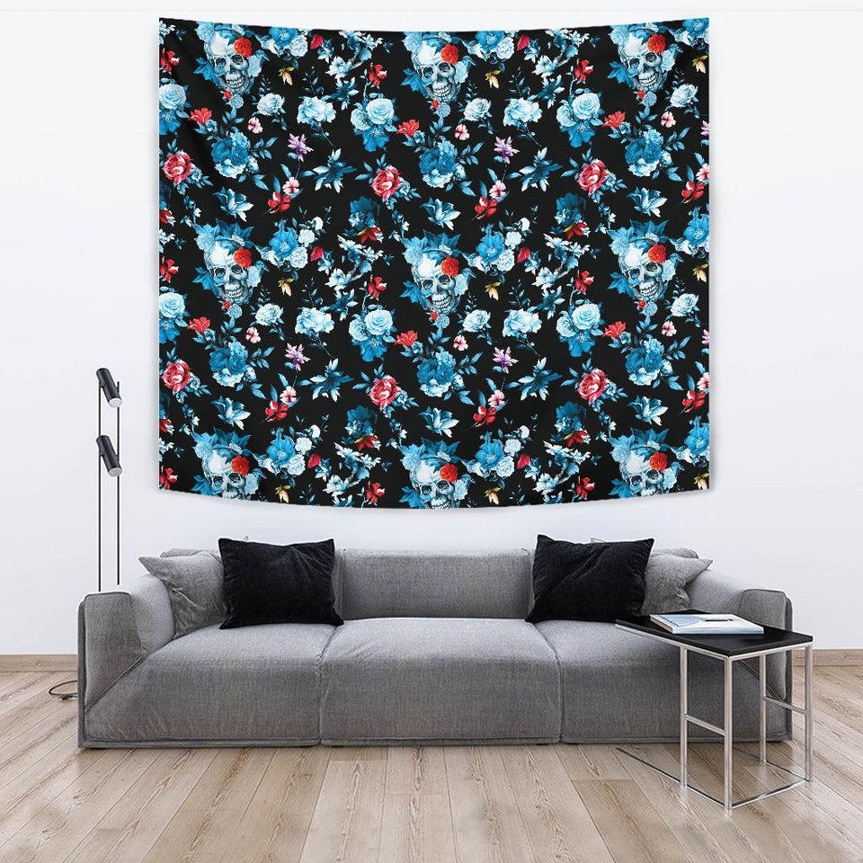 Skull Flower Roses Leave Pattern Wall Tapestry