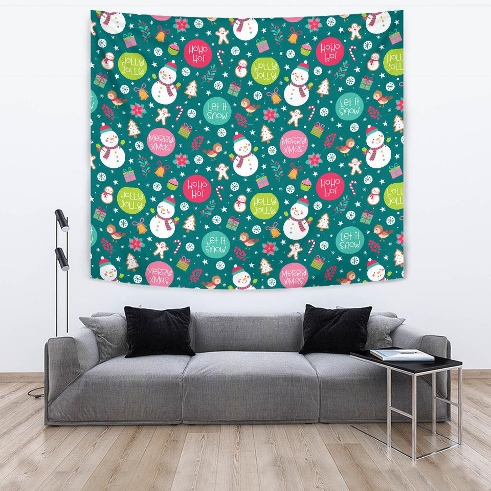 Snowman Bird Decorative Elements Christmas Pattern Wall Tapestry