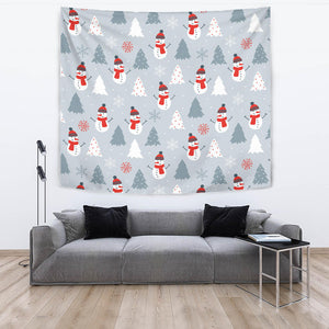 Snowman Christmas  Tree Snow Gray Background Wall Tapestry