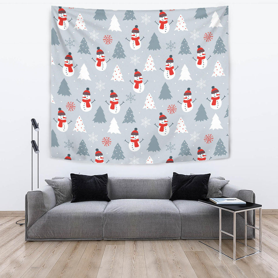 Snowman Christmas  Tree Snow Gray Background Wall Tapestry