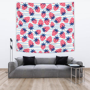 Strawberry Pattern Blue Lines Background Wall Tapestry