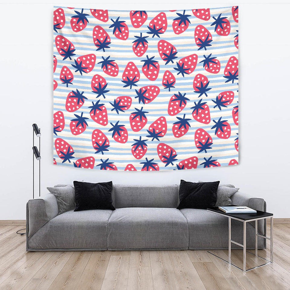 Strawberry Pattern Blue Lines Background Wall Tapestry