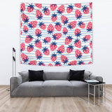 Strawberry Pattern Blue Lines Background Wall Tapestry