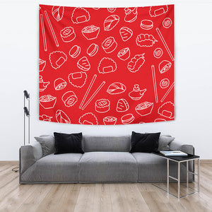 Sushi Pattern Red Background Wall Tapestry