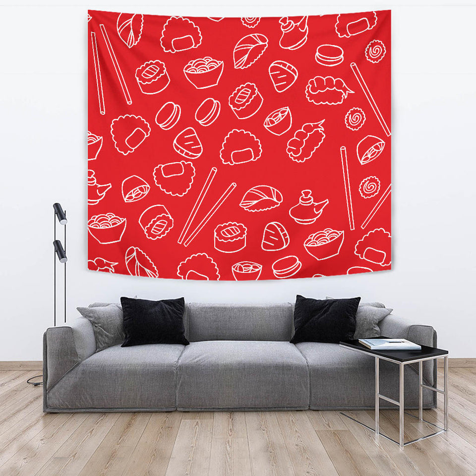 Sushi Pattern Red Background Wall Tapestry