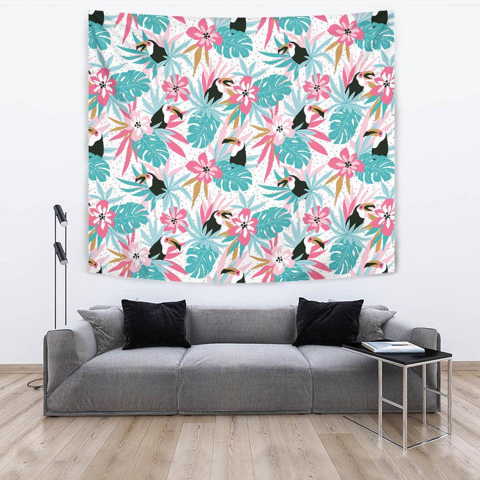 Toucan Tropical Flower Leave Pattern Wall Tapestry