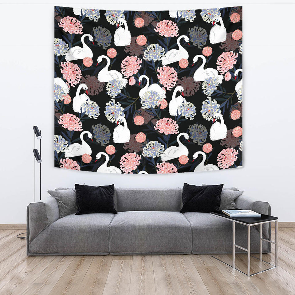 White Swan Blooming Flower Pattern Wall Tapestry